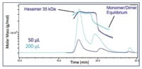 Figure 3: The change in molar mass as a function of eluting concentration (injection volume) for Sample 2 gives insight into the monomer-dimer equilibrium. The molar mass measured by SEC-MALS increases as more protein is loaded on the column, resulting in different monomer-dimer fractions. The molar mass was calculated by MALS and RI, and the UV signal at 280 nm is plotted as an overlay.  