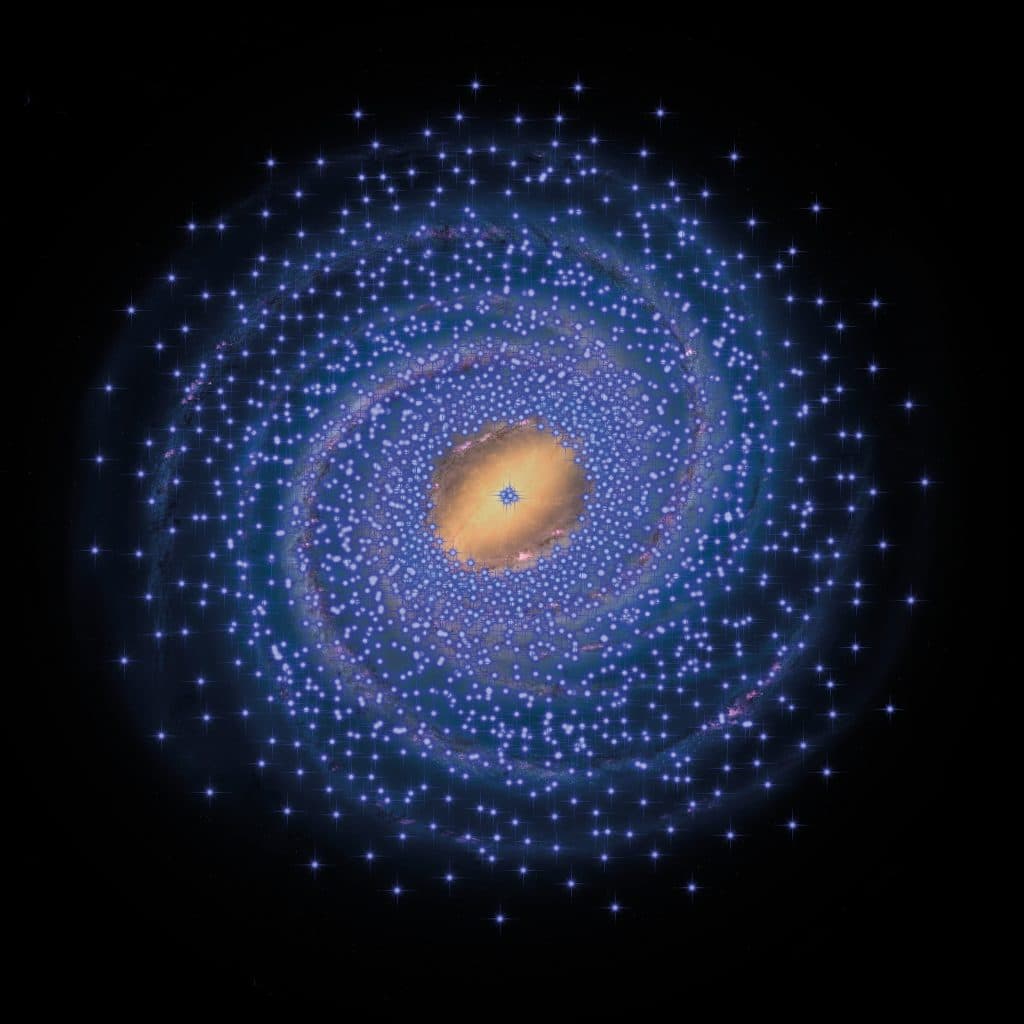 Figure 2: An artist's impression of the implied distribution of young stars, represented here by Cepheids shown as blue stars plotted on the background of a drawing of the Milky Way. With the exception of a small clump in the Galactic centre, the central 8000 light years appear to have very few Cepheids, and hence very few young stars.