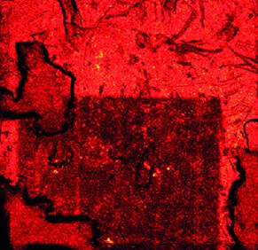 Figure 3 (Top Right): Image of a 7 _ 7 mm graphene sheet with polymer residue after a region has been targeted by argon gas cluster ‘sputtering’. The lighter red areas show greater polymer present, with an obvious reduction in polymer in the region targeted in the lower half of the image.