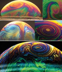 Figure 2: Images showing the detachment of thermal plumes from near the equator and rising towards the pole as well as an image of the full bubble with a vortex and a zoom on the vortex. The colours are interference colours of white light being reflected by the thin water layer constituting the bubble. 